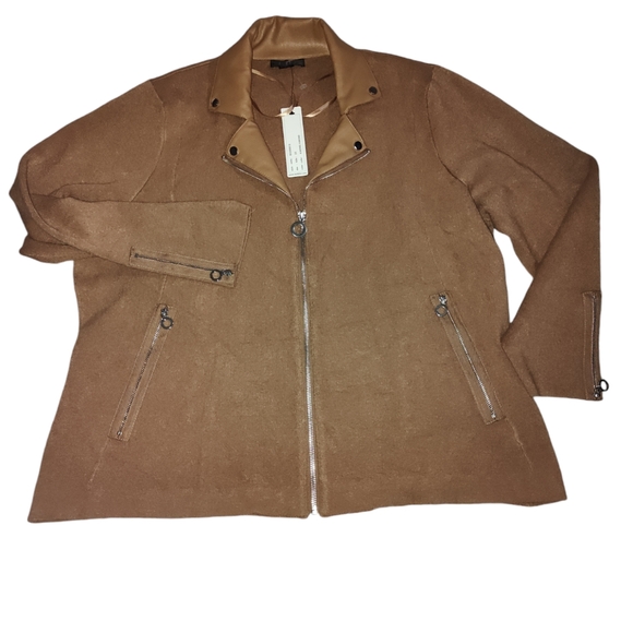 Belldini Black Label Plus Size Motorcycle Sweater Jacket. Almond. Nude Brown 2X. - Picture 2 of 14